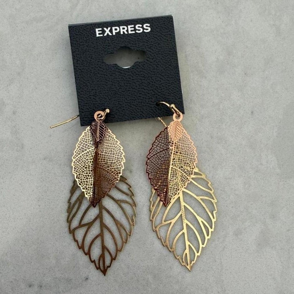 Express Rose‎ Gold Layered Leaf Dangle Earrings Filigree Cutout NWT
